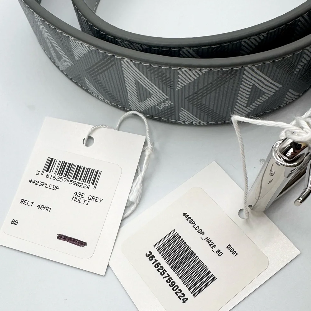 NEW Christian Dior CD Logo Diamond Grey Coated Canvas Calfskin Buckle Belt